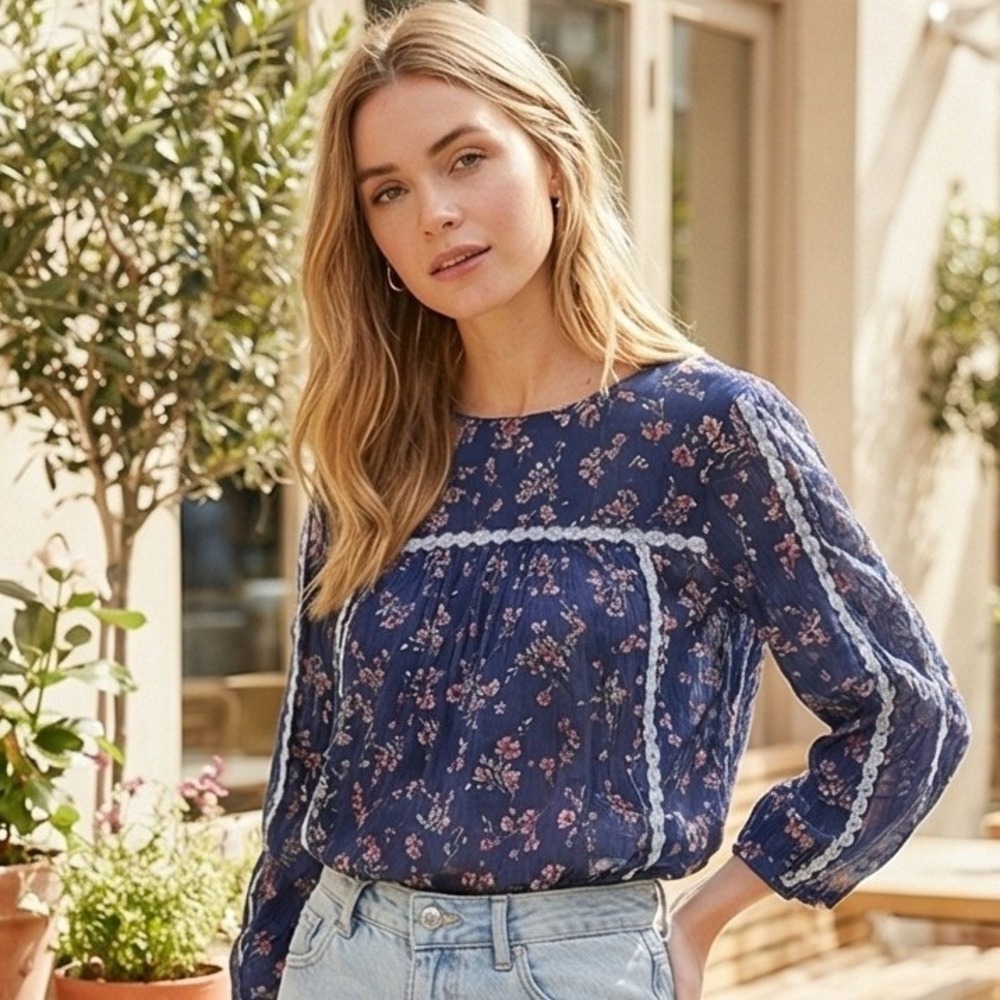 J. Jill L Floral Print Long Sleeve Blouse Top Blue‎ Pink Floral Womens Large NEW